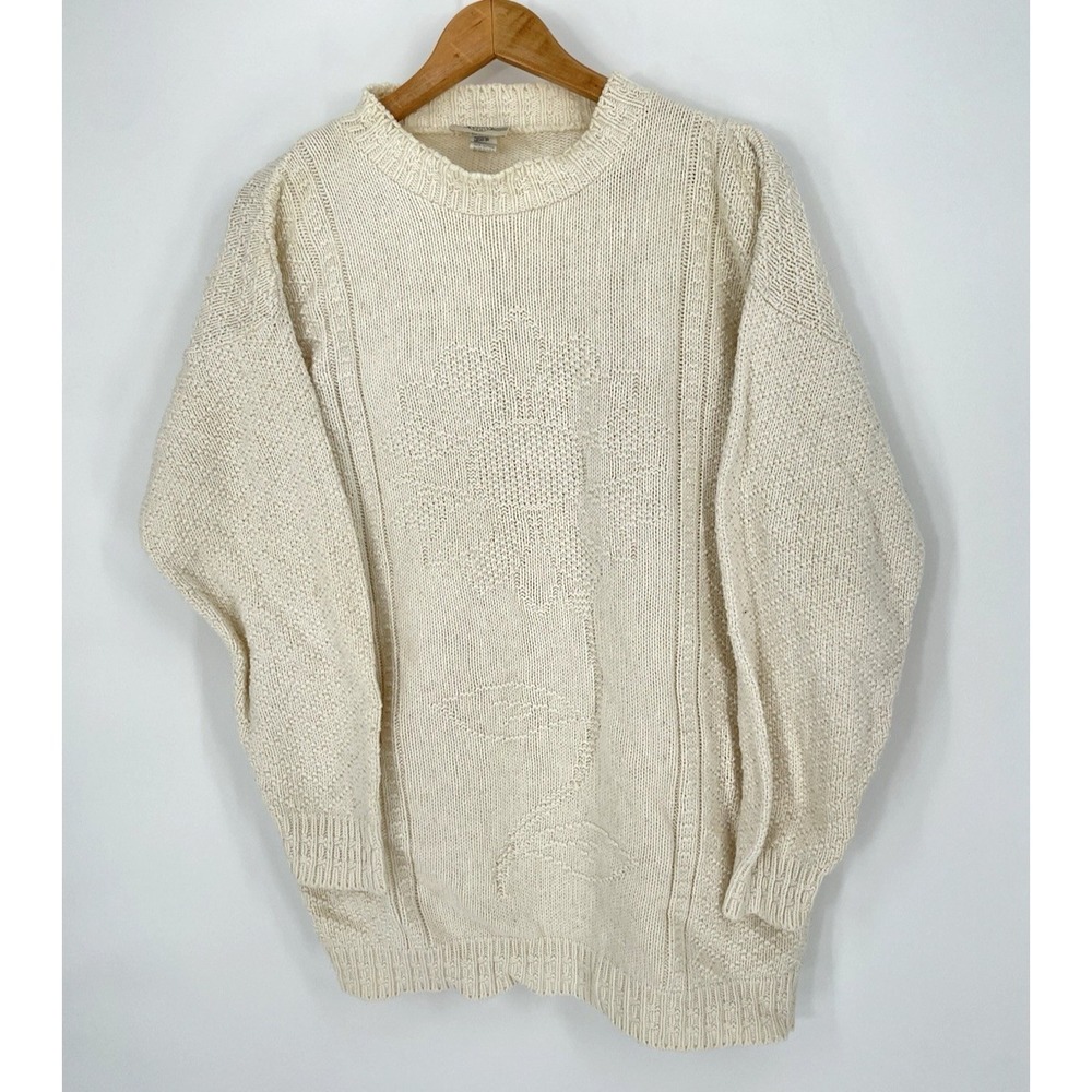 Vtg Denim Republic Sweater Women S Cream Oversized Flower Knit Front Cottagecore